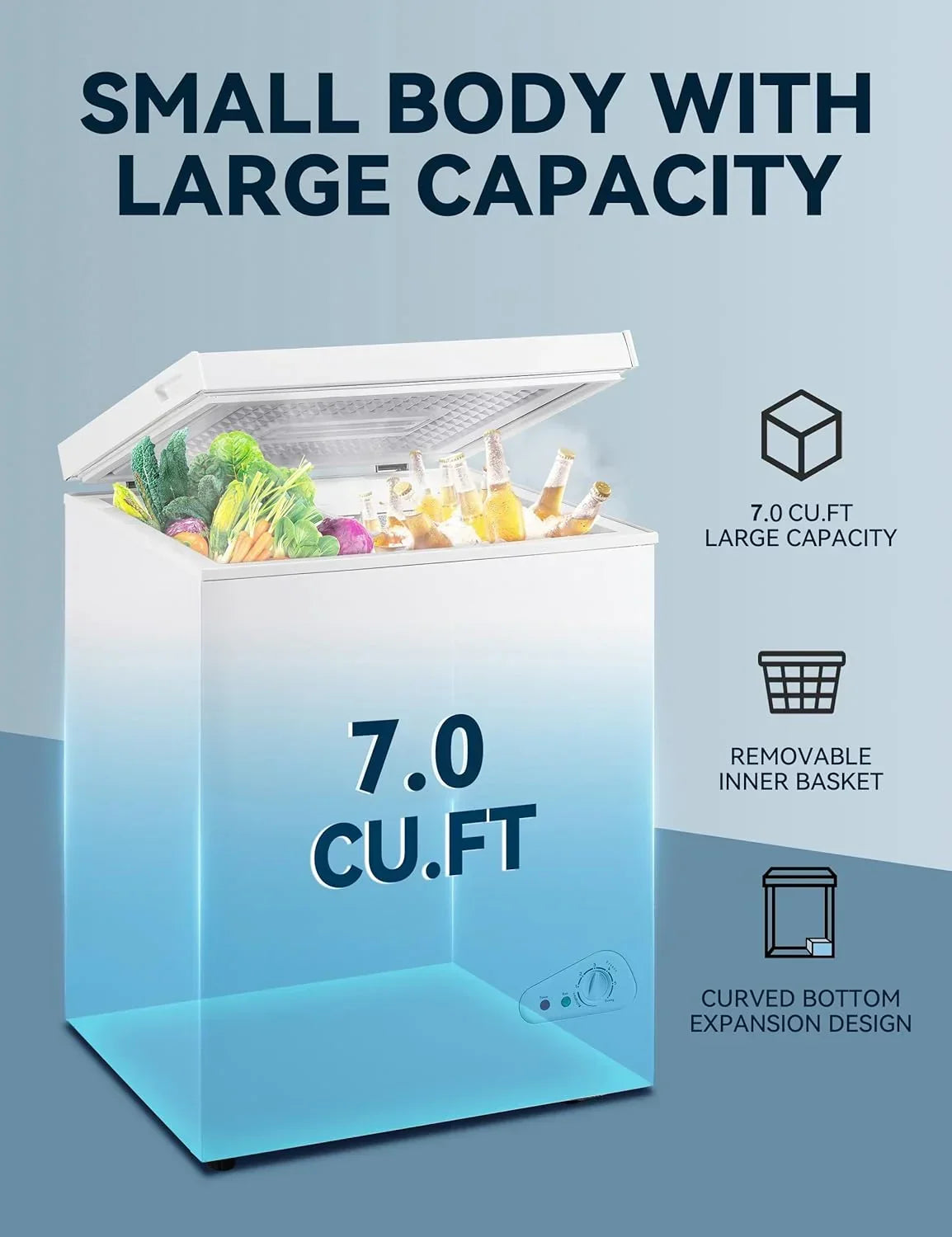 2026 7.0 Cu Ft Chest Freezer - Energy Efficient & Quiet Mini Freezer with Adjustable Thermostat - Compact Deep Freezer for Home, Apartment, and Garage - Removable Basket & Defrost Drain