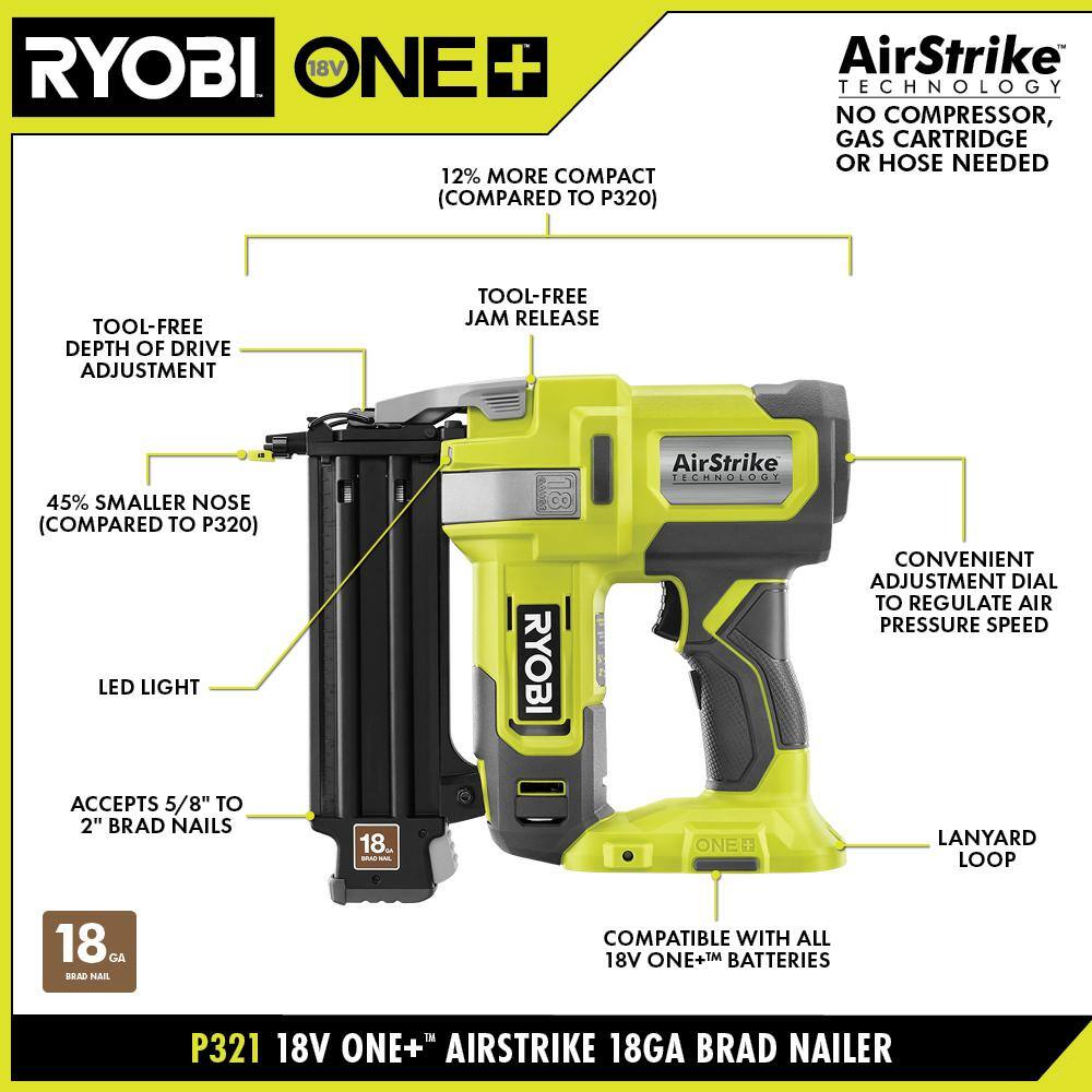 2026 ONE+ 18V 18-Gauge Cordless AirStrike Brad Nailer (Tool Only) P321