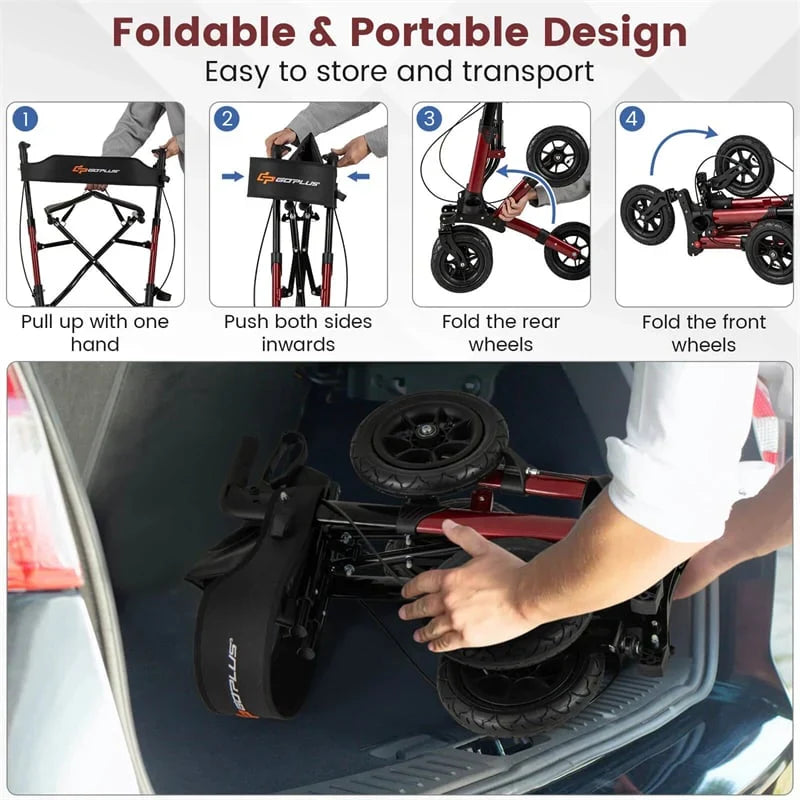 2026 2-in-1 Folding Rolling Rollator Walker with Seat, 9" All-Terrain Pneumatic Tires & Height Adjustment, Aluminum Mobility Walking Aid for Seniors