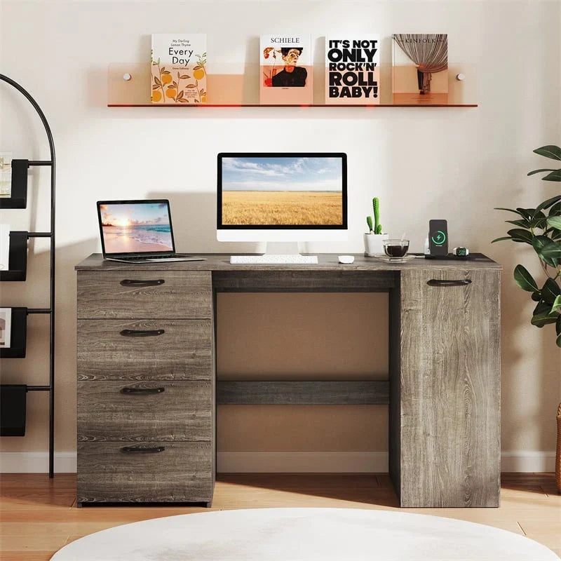 2026 53" Computer Desk with 4 Storage Drawers & Cabinet, Home Office Desk w/ Charging Station, Adjustable Shelf & Cable Management for Study, Makeup