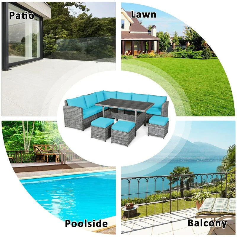 2026 7 PCS Resin Wicker Outdoor Sectional Sofa Set Rattan Patio Seating Group with Dining Table, Ottomans & Cushions