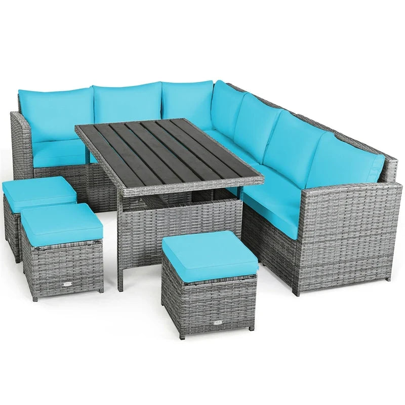 2026 7 PCS Resin Wicker Outdoor Sectional Sofa Set Rattan Patio Seating Group with Dining Table, Ottomans & Cushions