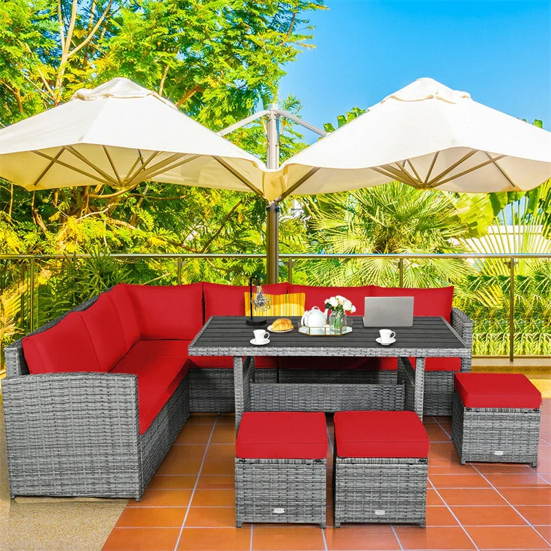 2026 7 PCS Resin Wicker Outdoor Sectional Sofa Set Rattan Patio Seating Group with Dining Table, Ottomans & Cushions