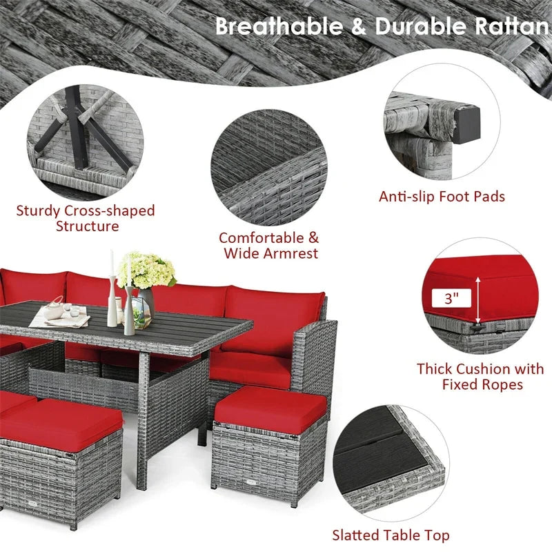 2026 7 PCS Resin Wicker Outdoor Sectional Sofa Set Rattan Patio Seating Group with Dining Table, Ottomans & Cushions