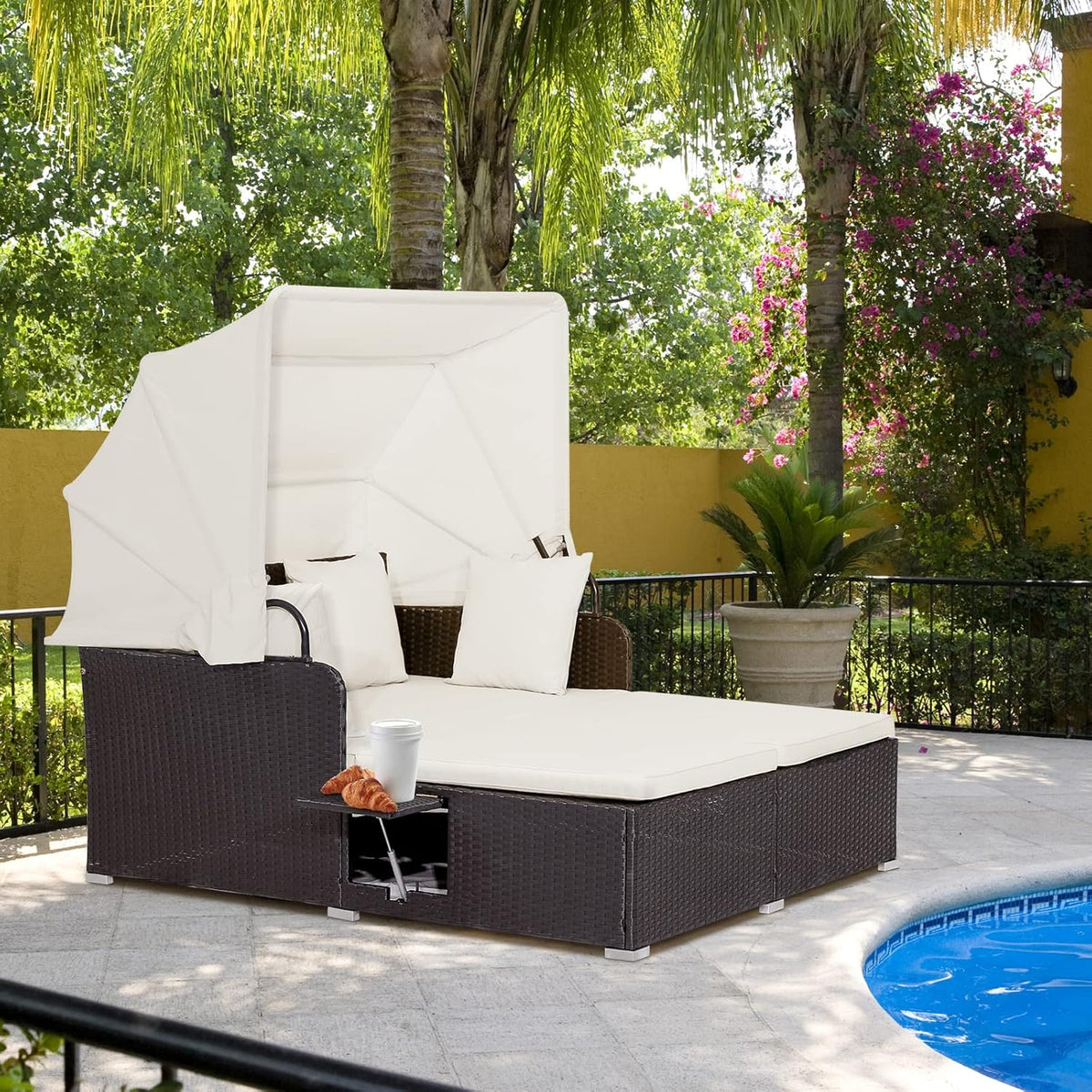 2026 Patio Outdoor Daybed with Canopy, Wicker Sunbed w/Cushions, 4 Pillows & 2 Retractable Side Trays, 2-Person Lounge Bed Conversation for Poolside Porch Garden, Rattan Outdoor Bed (Turquoise)