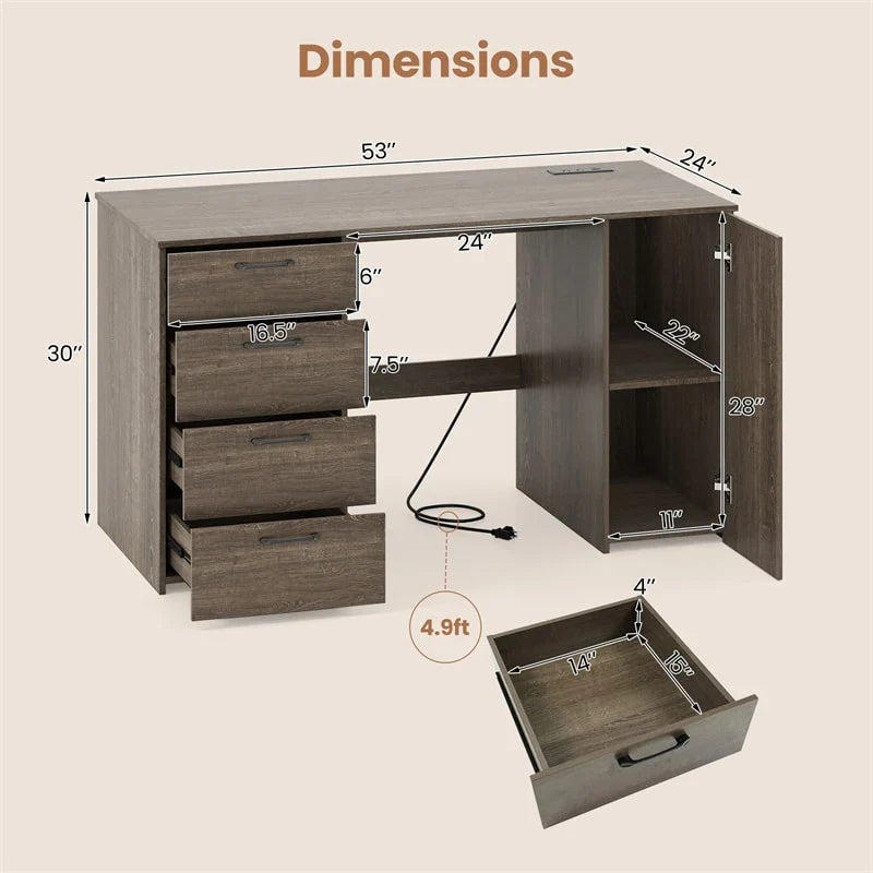 2026 53" Computer Desk with 4 Storage Drawers & Cabinet, Home Office Desk w/ Charging Station, Adjustable Shelf & Cable Management for Study, Makeup