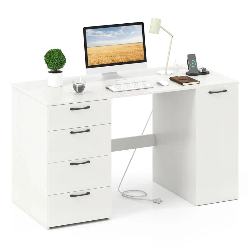 2026 53" Computer Desk with 4 Storage Drawers & Cabinet, Home Office Desk w/ Charging Station, Adjustable Shelf & Cable Management for Study, Makeup