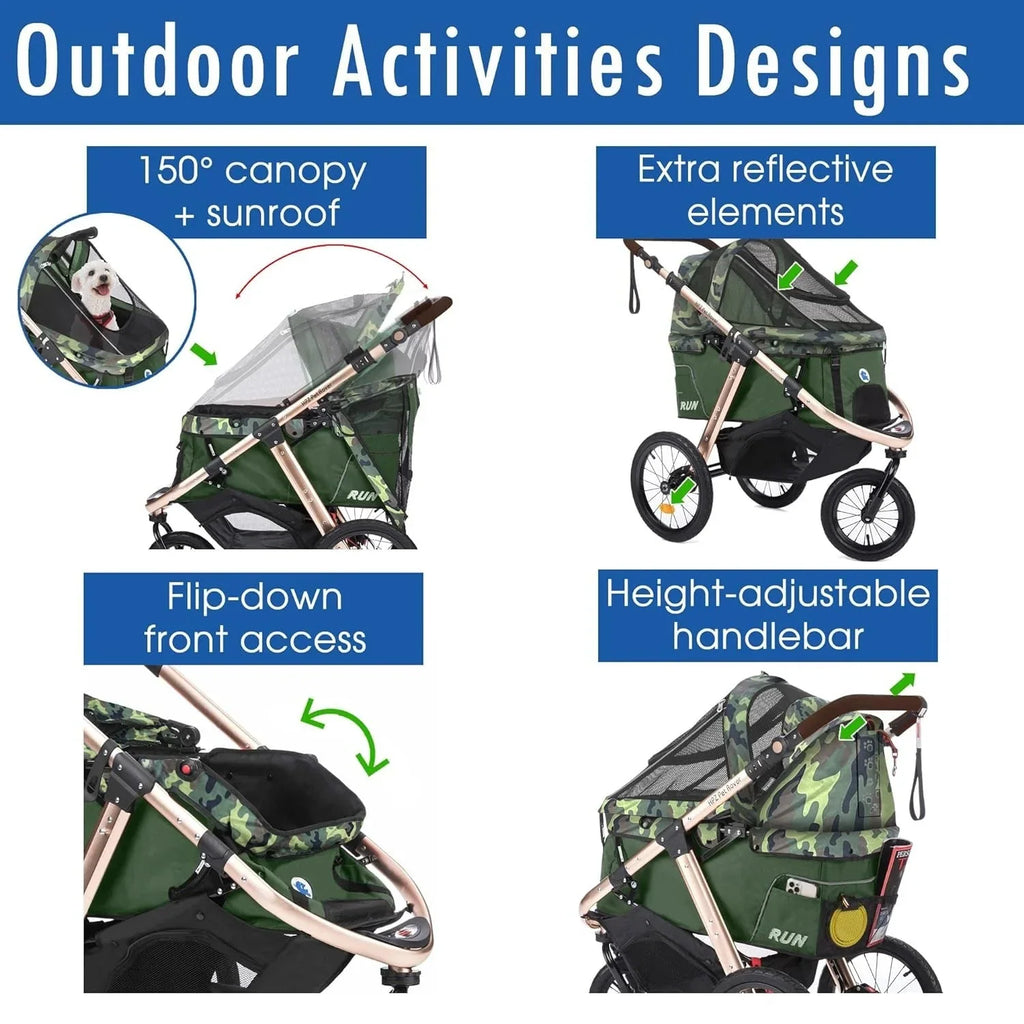 2026 NewJogging Sports Stroller with Comfort Rubber Wheels/Zipper-Less Entry/1-Hand Quick Fold/Aluminum Frame for Small/Medium Dogs, Cats and Pets (Green Camo)