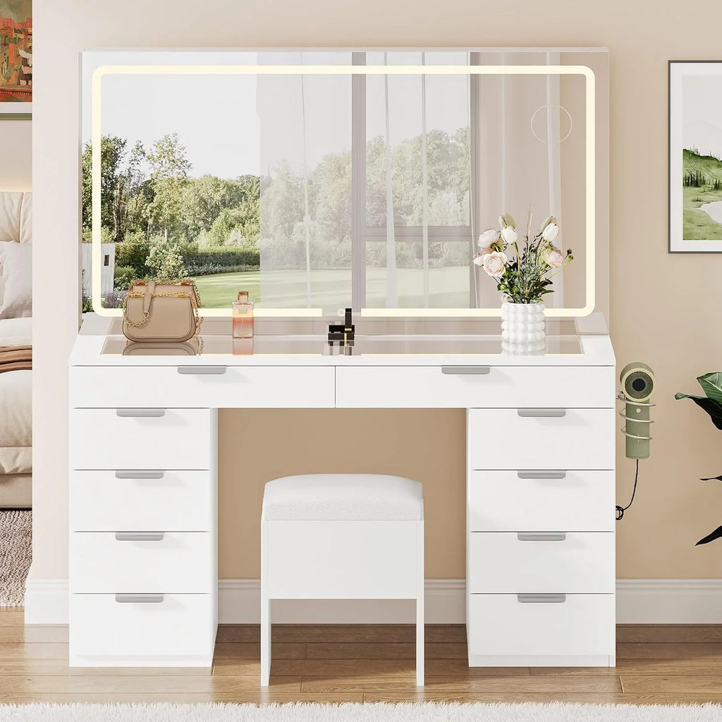 2026 Vanity Set with LED Mirror, 10 Drawers, Stool Included
