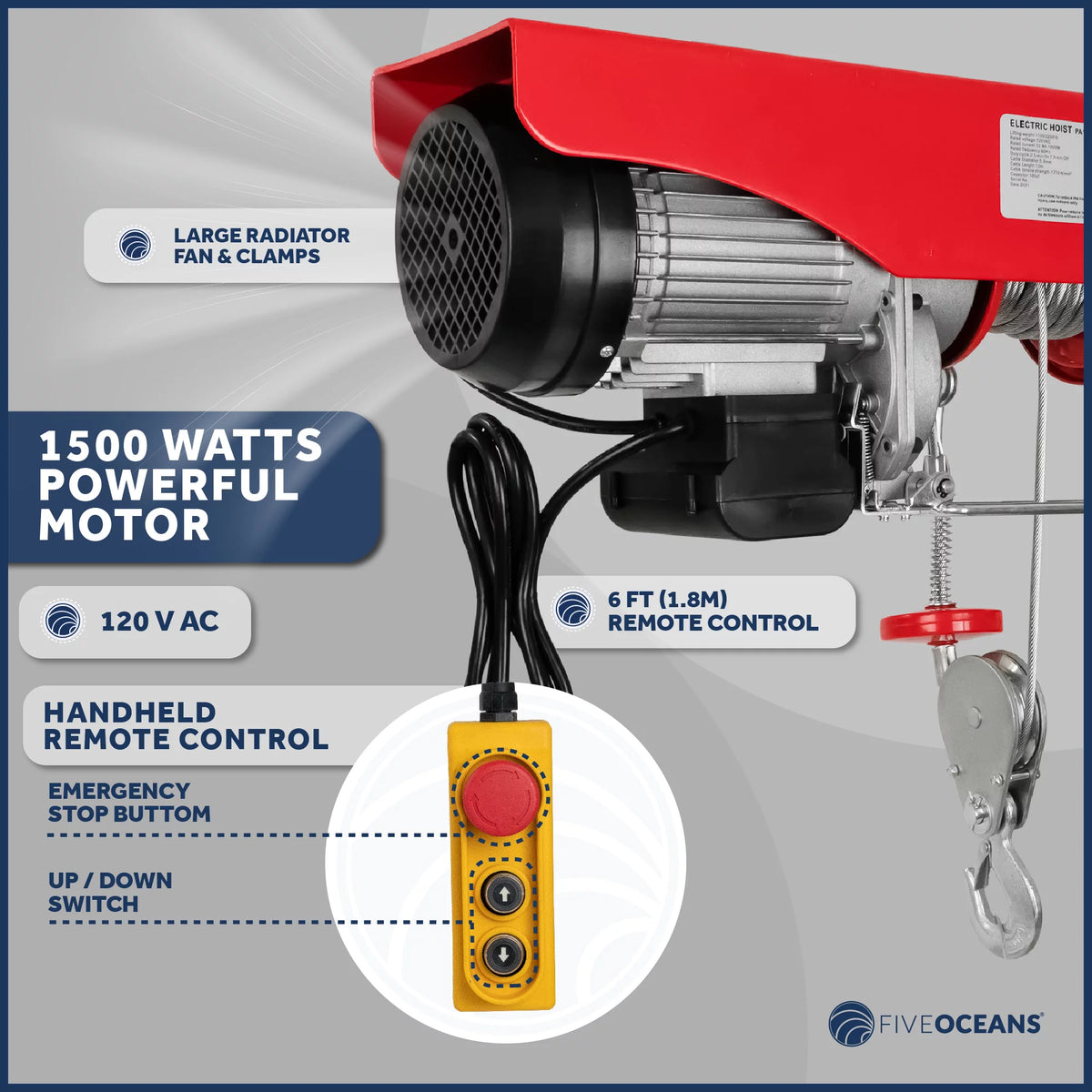 2026 Five Oceans Electric Hoist, Hoist Pulley System, Pulley Hoist, 2200 Lb Electric Winch with 6FT Remote Control 120 Volts, for Garage, Factory Lifting with Emergency Stop Button - FO3820