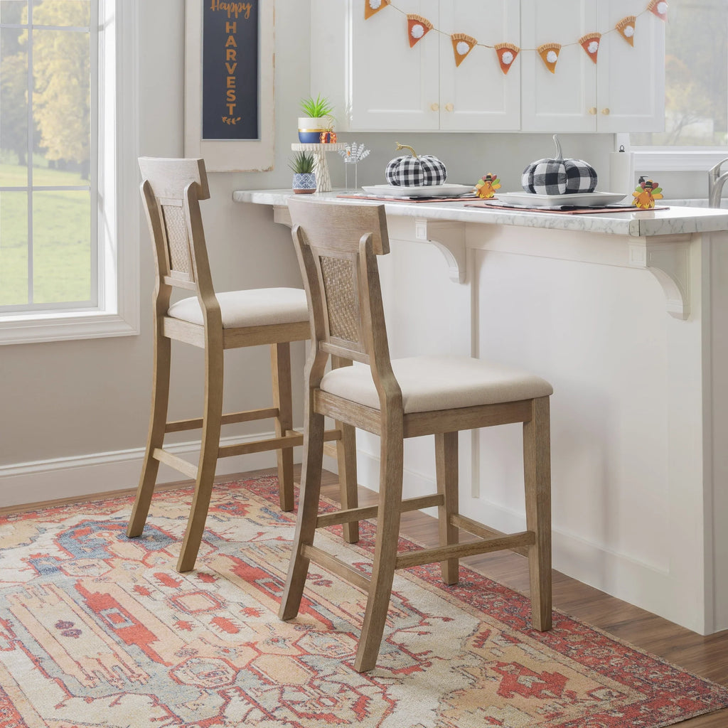 2026 NewLinon Rylan 30" Bar Stool, Rustic Brown Finish with Beige Fabric
