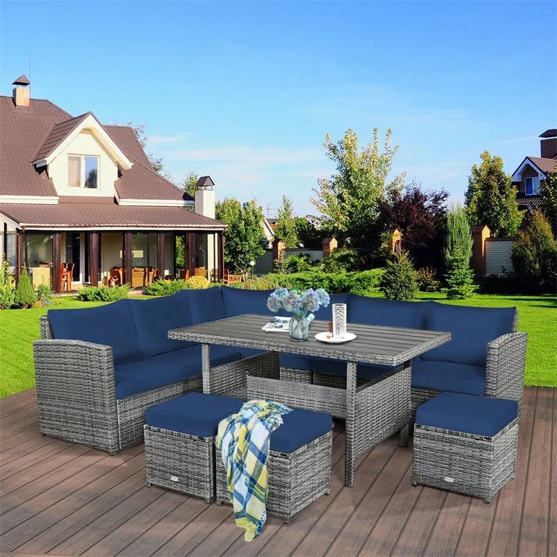 2026 7 PCS Resin Wicker Outdoor Sectional Sofa Set Rattan Patio Seating Group with Dining Table, Ottomans & Cushions