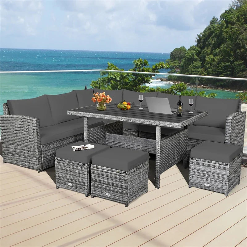 2026 7 PCS Resin Wicker Outdoor Sectional Sofa Set Rattan Patio Seating Group with Dining Table, Ottomans & Cushions