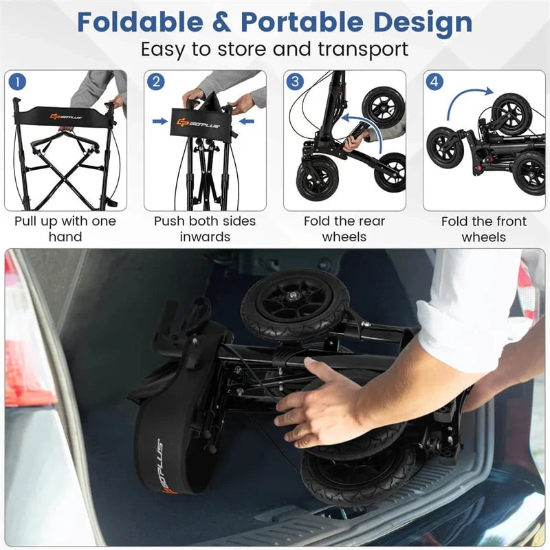 2026 2-in-1 Folding Rolling Rollator Walker with Seat, 9" All-Terrain Pneumatic Tires & Height Adjustment, Aluminum Mobility Walking Aid for Seniors