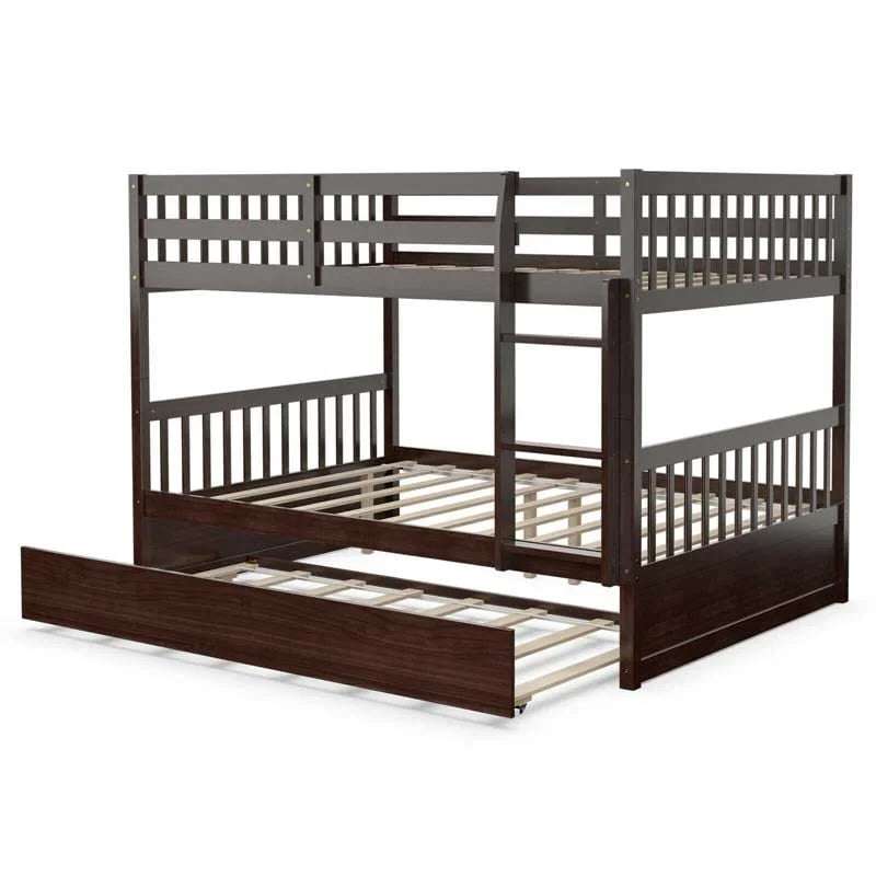 2026 Solid Wood Full Over Full Bunk Bed Frame with Trundle, Safety Ladder & Guardrails, Convertible Bunk Bed for Kids Teens