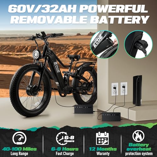 2026 5000W Dual Motor Electric Bike for Adults 52MPH with 60V 32AH Battery, 26x4 Fat Tire All Terrain Ebikes, Full Suspension E Bike, SHM 7-Speed Gear Electric Bicycle(63v) (63V-3-1)