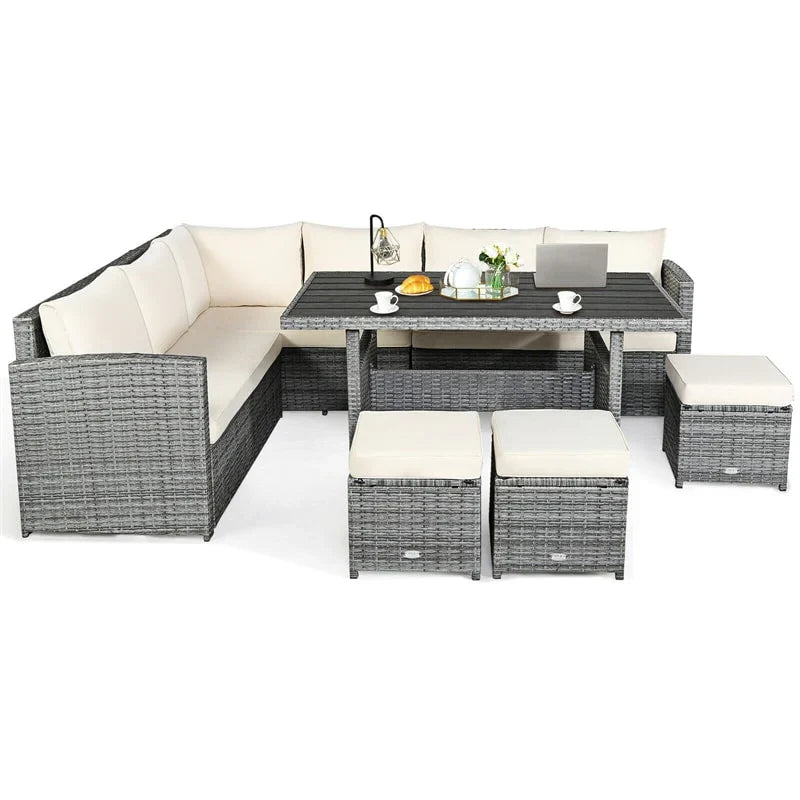 2026 7 PCS Resin Wicker Outdoor Sectional Sofa Set Rattan Patio Seating Group with Dining Table, Ottomans & Cushions