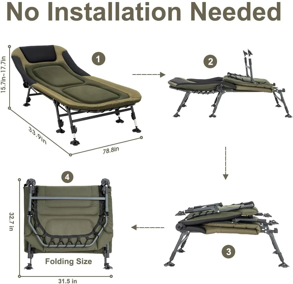 2026 NewCamping Cots for Adults 330Lbs with Carry Bag, Heavy Duty Folding Bed with Soft Padded Cushion, Portable Military Cot for Hunting, 180° Adjustable Reclining Outdoor Lounger