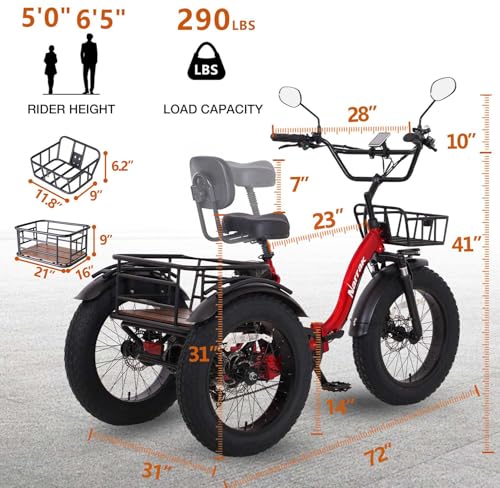 2026 Electric Tricycle for Adults, 750W(Peak 1350W), 48V13Ah Ebike, 20"x4.0" Aluminum Folding Fat Tire 3 Wheel Electric Trike, Max 20MPH Hydraulic Brake, Rear Motor Differential