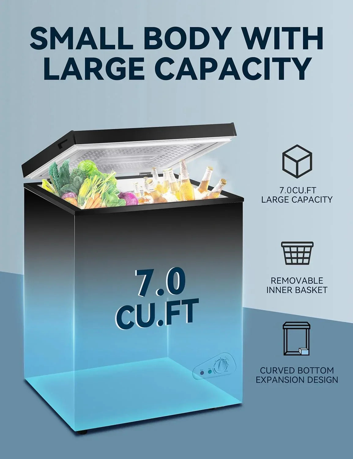 2026 7.0 Cu Ft Chest Freezer - Energy Efficient & Quiet Mini Freezer with Adjustable Thermostat - Compact Deep Freezer for Home, Apartment, and Garage - Removable Basket & Defrost Drain