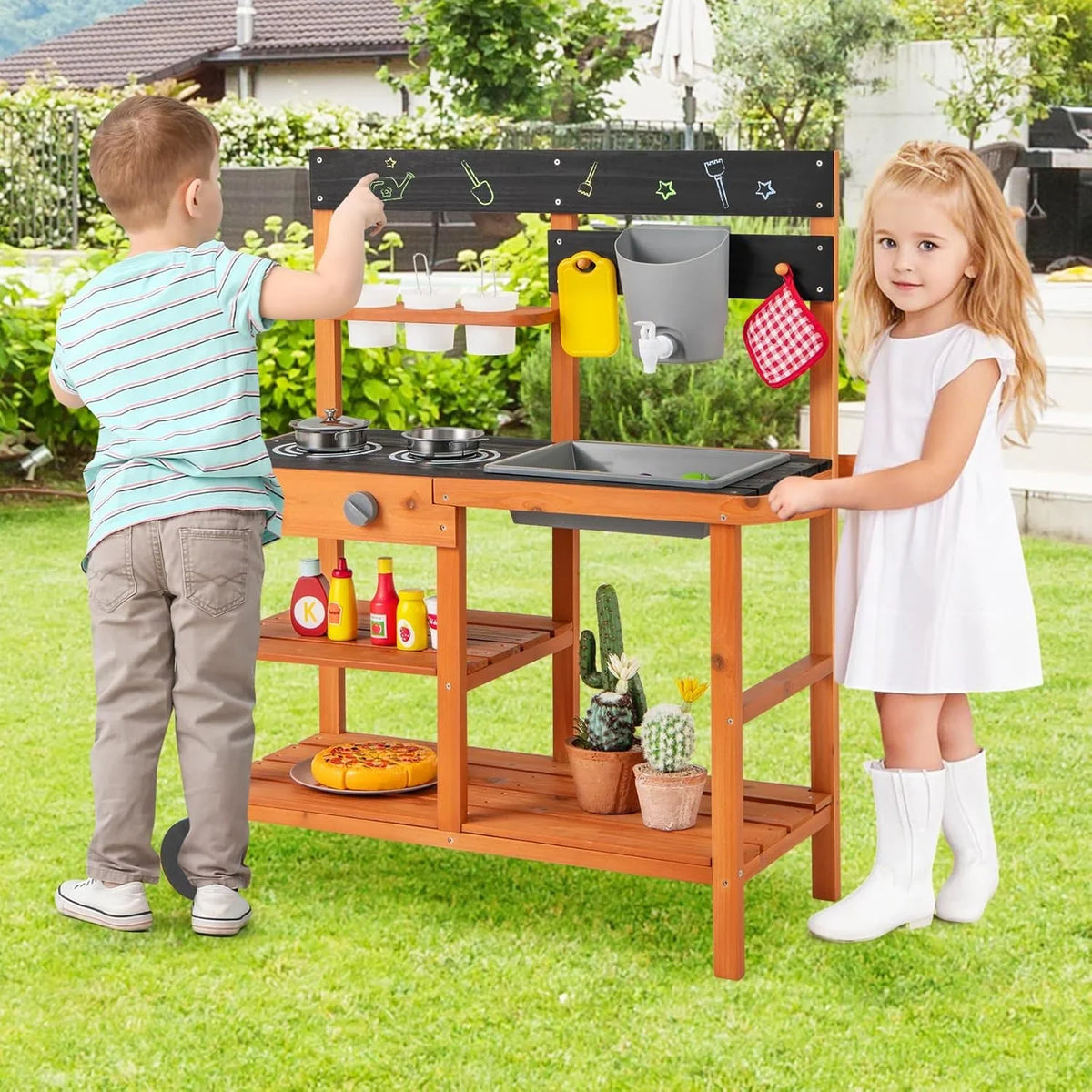2026 NewOLAKIDS Mud Kitchen, Outdoor Play Kitchen with Wheels 3 Cups Removable Sink Cooking Accessories Wooden Kids Kitchen Playset Backyard Garden Toys Gift for Boys Girls Ages 3+