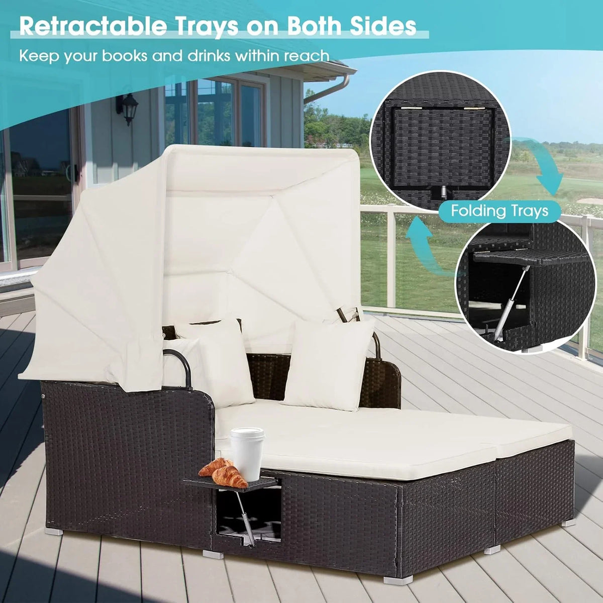 2026 Patio Outdoor Daybed with Canopy, Wicker Sunbed w/Cushions, 4 Pillows & 2 Retractable Side Trays, 2-Person Lounge Bed Conversation for Poolside Porch Garden, Rattan Outdoor Bed (Turquoise)
