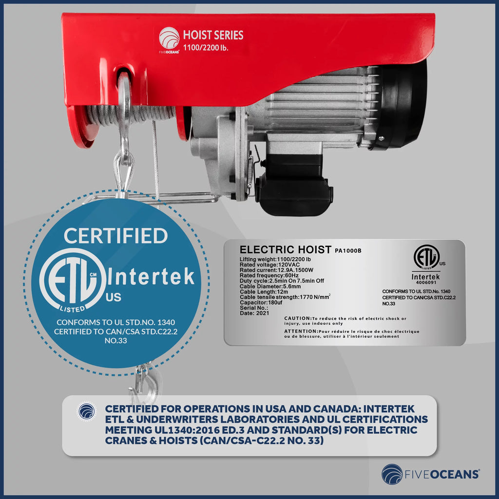 2026 Five Oceans Electric Hoist, Hoist Pulley System, Pulley Hoist, 2200 Lb Electric Winch with 6FT Remote Control 120 Volts, for Garage, Factory Lifting with Emergency Stop Button - FO3820