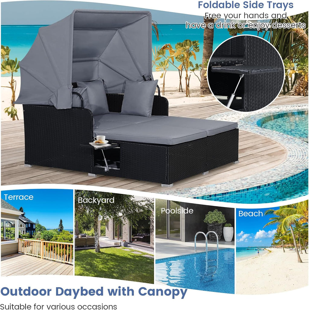 2026 Patio Outdoor Daybed with Canopy, Wicker Sunbed w/Cushions, 4 Pillows & 2 Retractable Side Trays, 2-Person Lounge Bed Conversation for Poolside Porch Garden, Rattan Outdoor Bed (Turquoise)