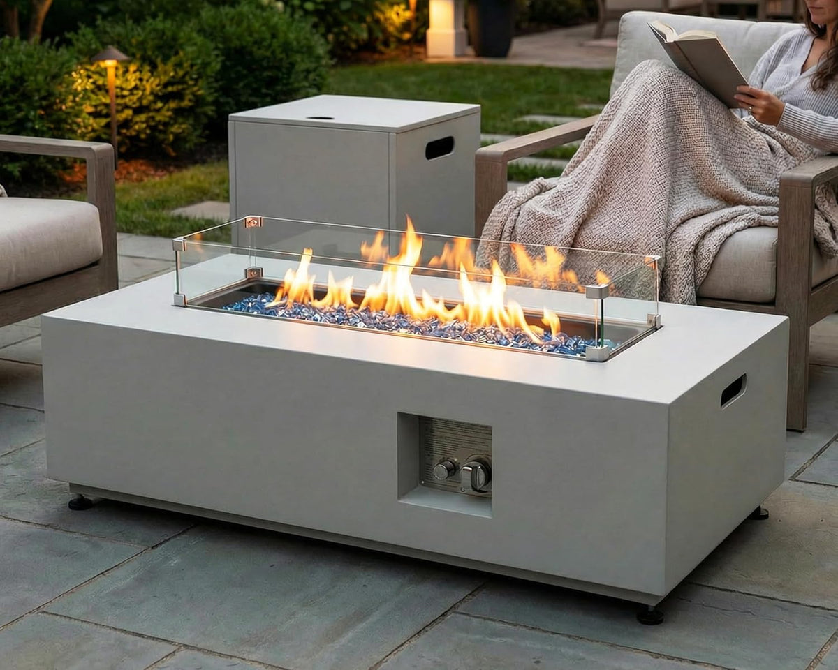 2026 42" Outdoor Propane Fire Pit Table, 50,000 BTU Rectangle Natural Gas Firepit with Tank Table, No Assembly Low Profile Fire Table for Outside Patio & Backyard, CSA Certified, Grayish White