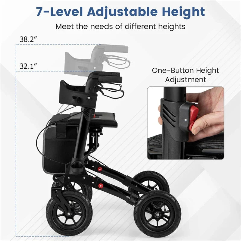 2026 2-in-1 Folding Rolling Rollator Walker with Seat, 9" All-Terrain Pneumatic Tires & Height Adjustment, Aluminum Mobility Walking Aid for Seniors