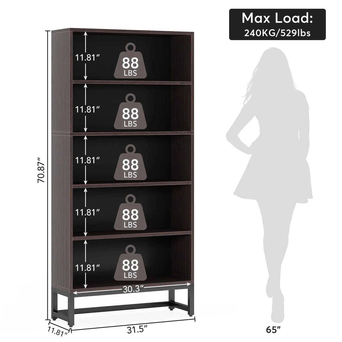2026 70.87 Inch Tall 5-Tier Bookcase, Large Bookshelf with 31.5 Inch Wide Storage