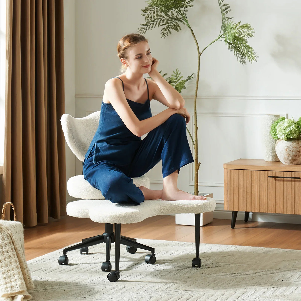 2026 NewPinmoco Ergonomic Cross Legged Swivel Chair, Adjustable Height and Teddy Fabric, Meditation& ADHD Chair with Back Support, Home and Office, Off White