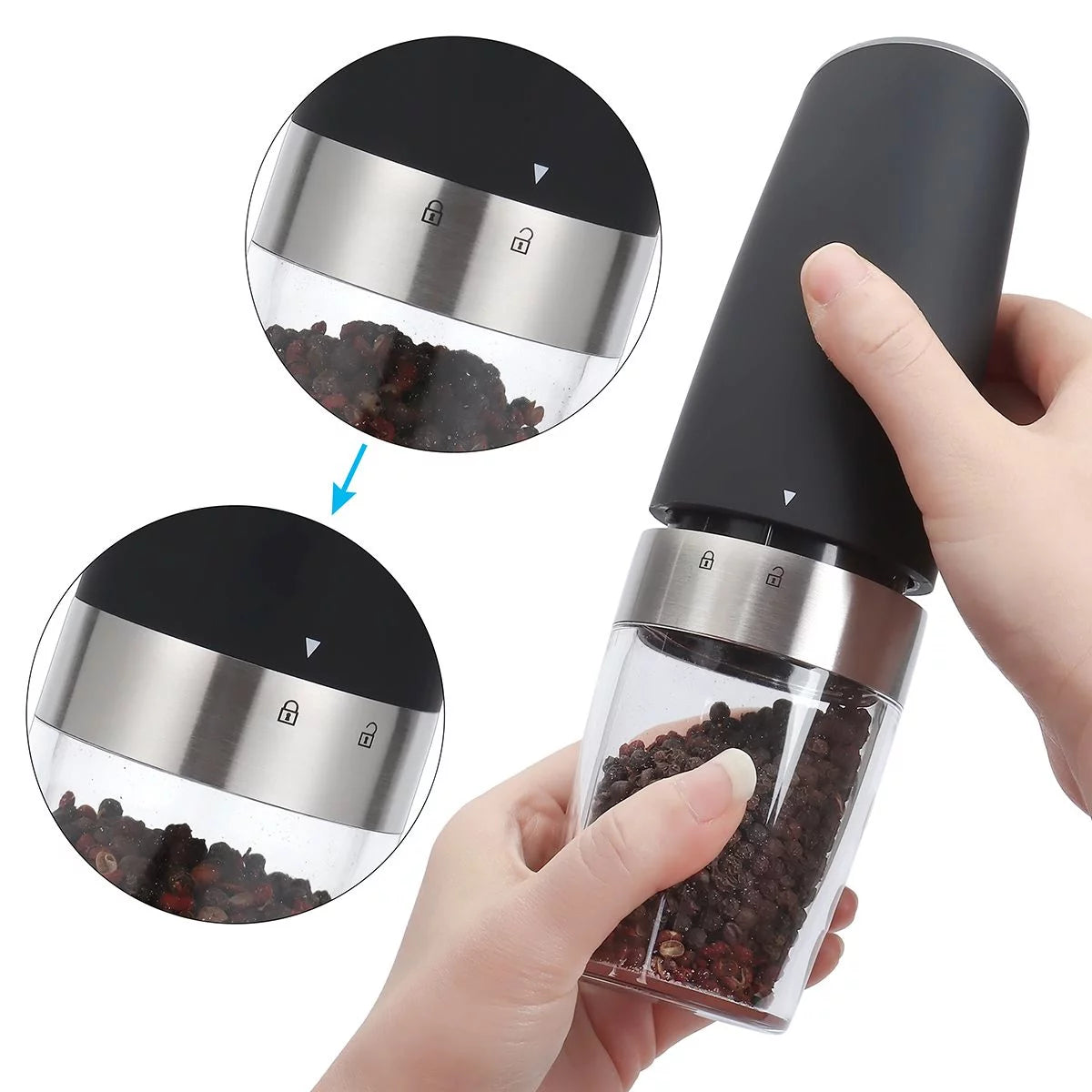 2026 Deago 2 Pack Electric Gravity Salt and Pepper Grinder Set with Adjustable Coarseness Automatic Pepper and Salt Mill Grinder Battery Powered with LED Light