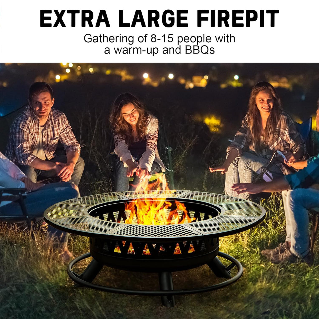 2026 47 Inch Fire Pit with 2 Grills, Outdoor Extra Large Firepits for Outside, Wood Burning Fireplace for Camping,Picnic,Bonfire, 3-in-1 Round Metal Table with Lid for Backyard,Patio,Party