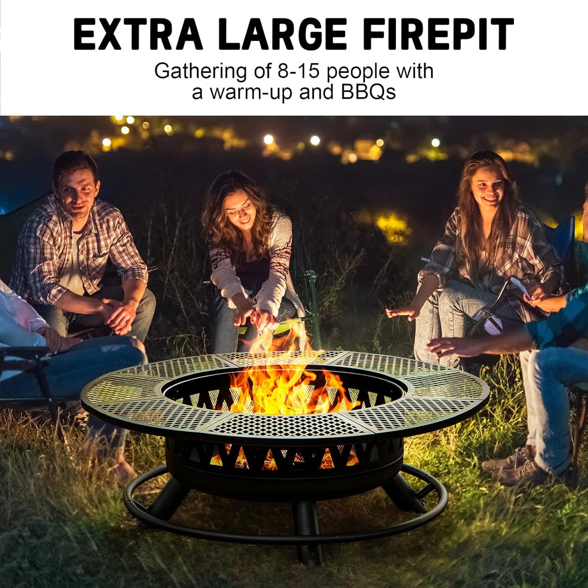 2026 47 Inch Fire Pit with 2 Grills, Outdoor Extra Large Firepits for Outside, Wood Burning Fireplace for Camping,Picnic,Bonfire, 3-in-1 Round Metal Table with Lid for Backyard,Patio,Party