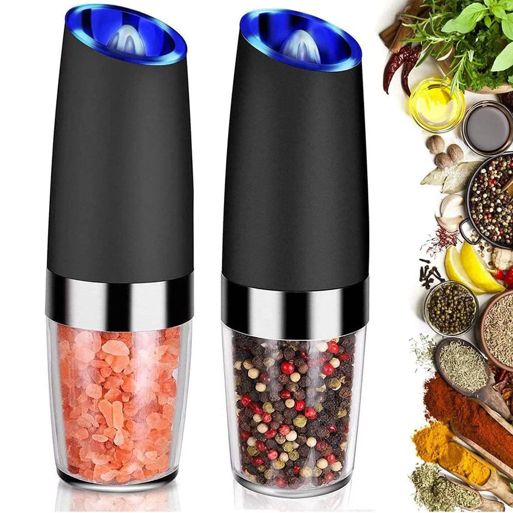 2026 Deago 2 Pack Electric Gravity Salt and Pepper Grinder Set with Adjustable Coarseness Automatic Pepper and Salt Mill Grinder Battery Powered with LED Light