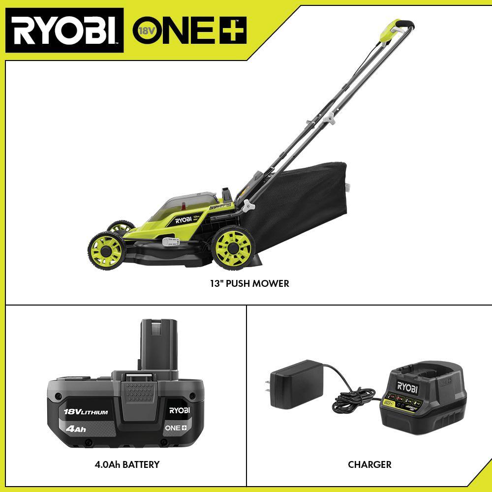 2026 ONE+ 18V 13 in. Cordless Battery Walk Behind Push Lawn Mower with 4.0 Ah Battery and Charger P1180