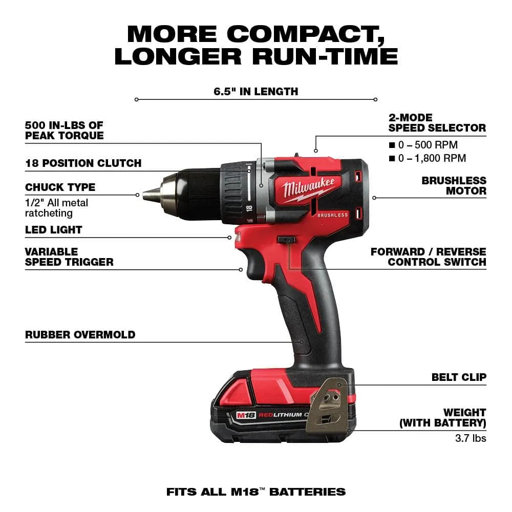 2026 M18 18V Lithium-Ion Brushless Cordless Compact Drill/Impact Combo Kit (2-Tool) W/ (2) 2.0Ah Batteries, Charger & Bag 2892-22CT