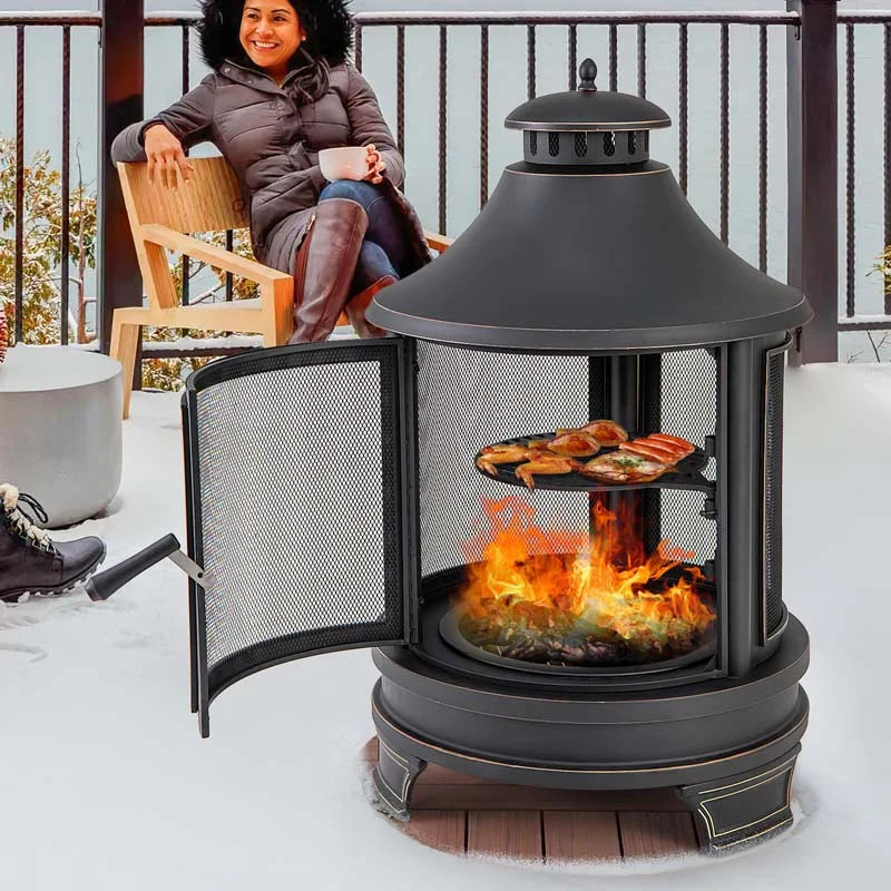 2026 30" 2-in-1 Metal Chiminea Fire Pit with Adjustable Grill & Chimney, Outdoor Wood Burning Chiminea Fireplace with Spark Screen for Patio Backyard BBQ