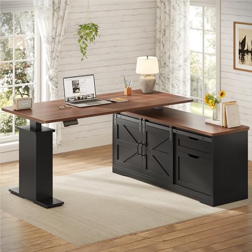 2026 SEDETA Farmhouse L Shaped Standing Desk, 55 inch Height Adjustable Corner Desk with Storage Drawers, Standing Computer Desks with Power Outlets for Home Office, Black