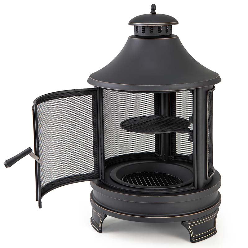 2026 30" 2-in-1 Metal Chiminea Fire Pit with Adjustable Grill & Chimney, Outdoor Wood Burning Chiminea Fireplace with Spark Screen for Patio Backyard BBQ