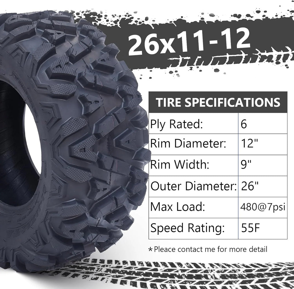 2026 26x12x12 Atv Tires, Set of 2 Atv Tires 26x12-12 6PR, All Terrain Atv/Utv Off-Road Tires, Black