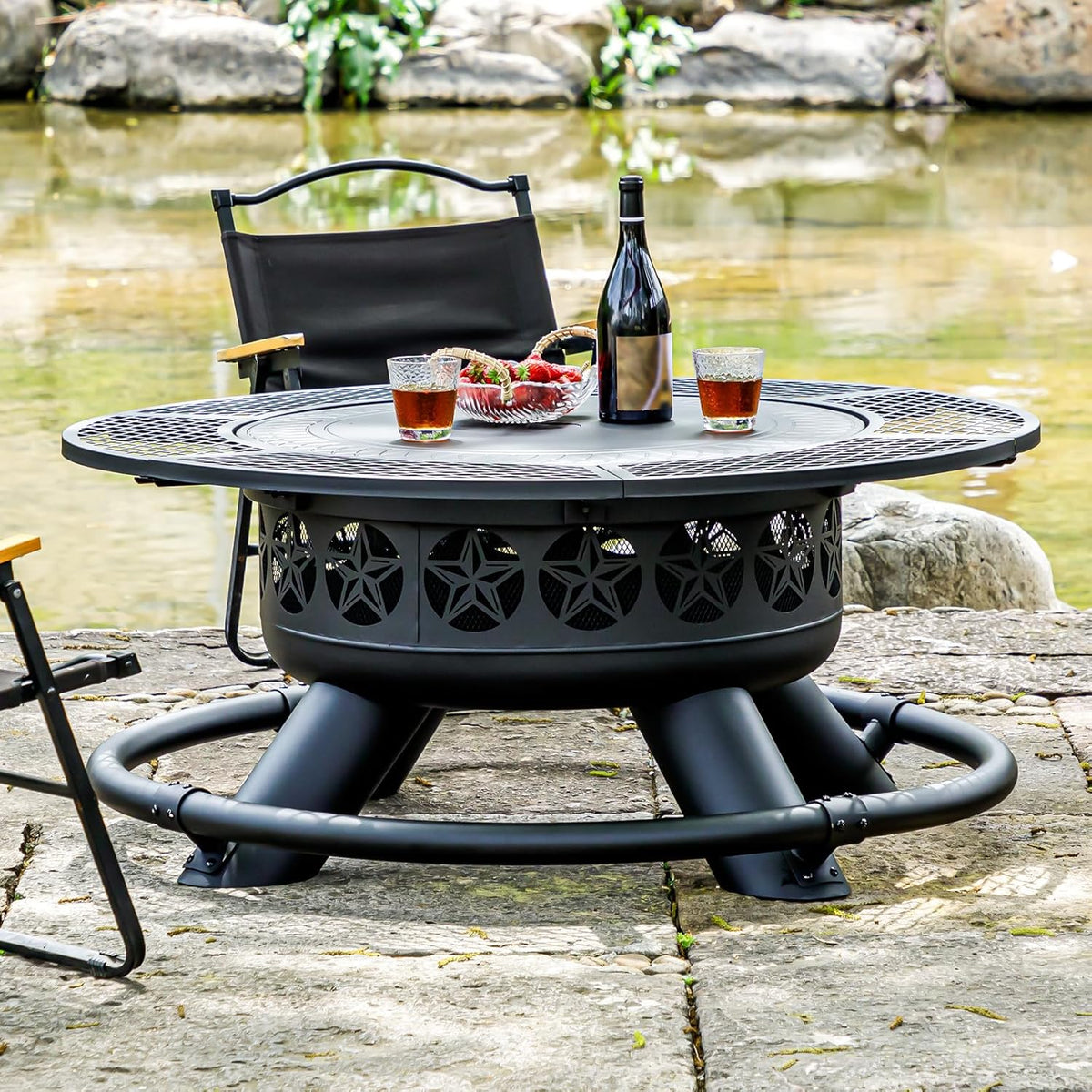 2026 47 Inch Outdoor Fire Pit with 2 Grills Extra Large BBQ Firepits for Outside Metal Round Fire pits with Lid&Fire Poker 3 in 1 Wood Burning Outdoor Fireplaces for Backyard Patio Bonfire