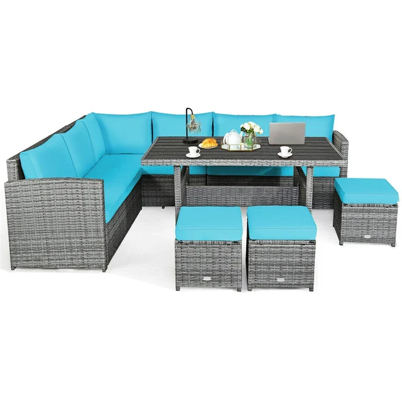 2026 7 PCS Resin Wicker Outdoor Sectional Sofa Set Rattan Patio Seating Group with Dining Table, Ottomans & Cushions