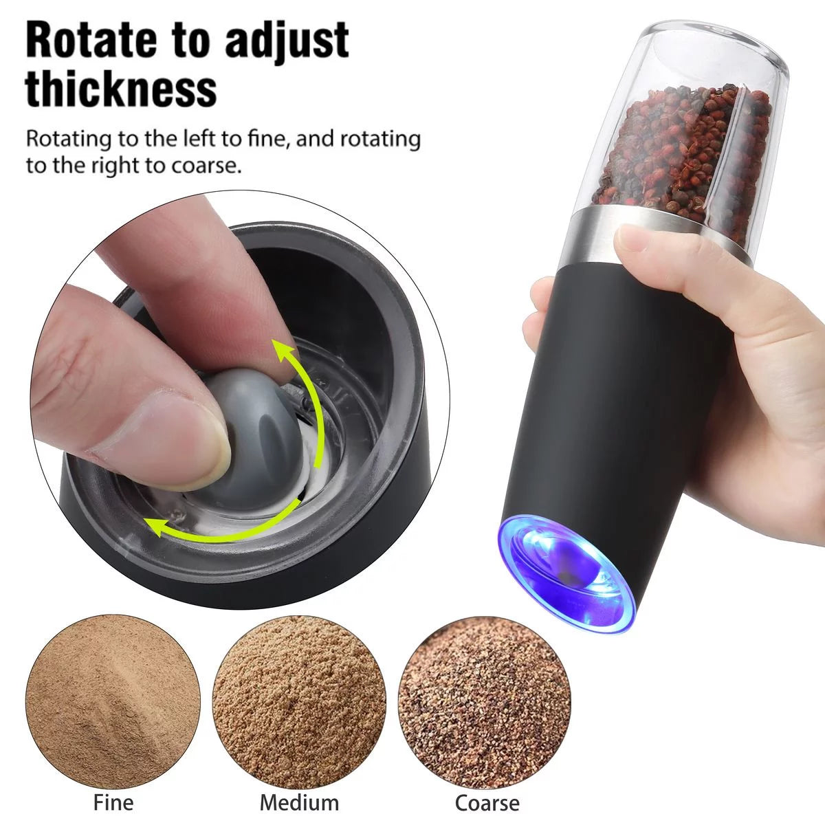 2026 Deago 2 Pack Electric Gravity Salt and Pepper Grinder Set with Adjustable Coarseness Automatic Pepper and Salt Mill Grinder Battery Powered with LED Light