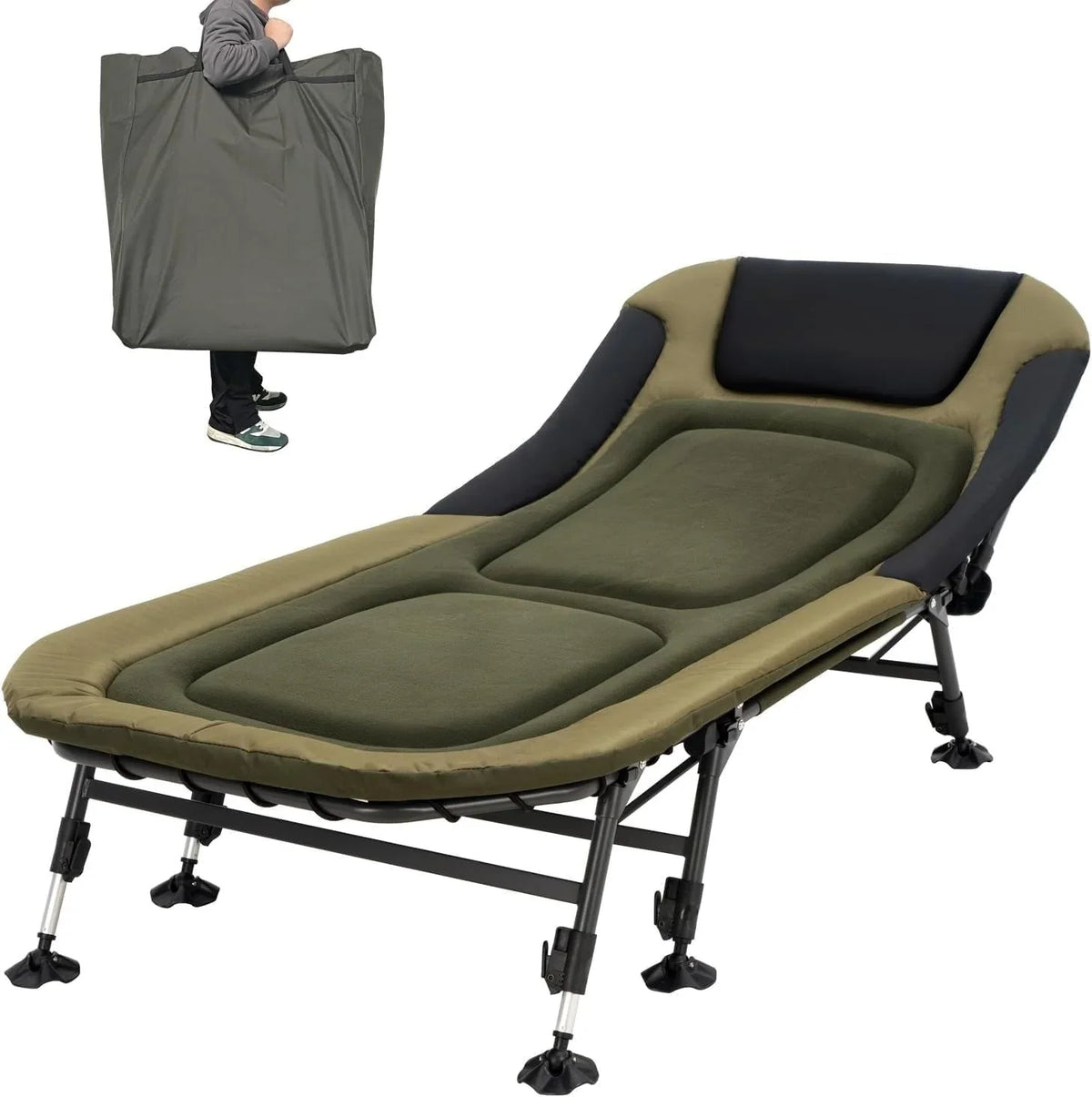 2026 NewCamping Cots for Adults 330Lbs with Carry Bag, Heavy Duty Folding Bed with Soft Padded Cushion, Portable Military Cot for Hunting, 180° Adjustable Reclining Outdoor Lounger