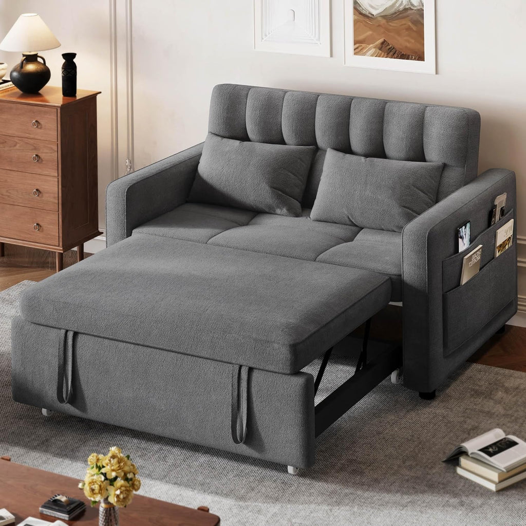 2026 3-in-1 Convertible Sofa Bed, 55" Sleeper Sofa with Pull-Out Bed, Cat-Scratch-Proof Fabric Futon Couch with Adjustable Backrest and Side Pocket, Loveseat for Living Room Apartment, Grey