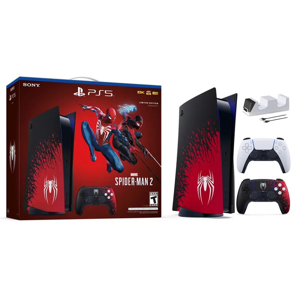 2026 PlayStation 5 Disc Edition Marvel's Spider-Man 2 Limited Bundle with Two Controllers Spider-Man and White Dualsense and Mytrix Dual Controller Charger - PS5 Gaming Console