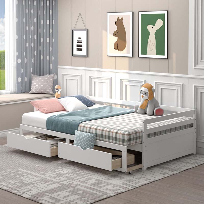 2026 Extendable Twin to King Daybed with Trundle & 2 Storage Drawers, Dual-use Modern Sofa Bed with Roll Out Bed Frame