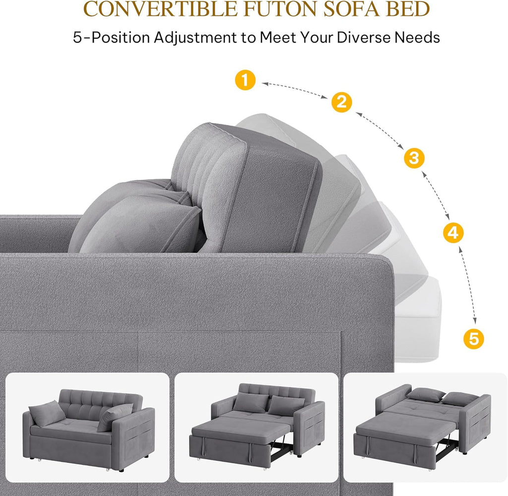 2026 3-in-1 Convertible Sofa Bed, 55" Sleeper Sofa with Pull-Out Bed, Cat-Scratch-Proof Fabric Futon Couch with Adjustable Backrest and Side Pocket, Loveseat for Living Room Apartment, Grey
